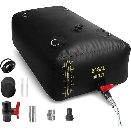 240L/63 Gal Water Bladder with Water Level Indicator, PVC Foldable and Portable Water Tank with 3 Connectors and Overflow Kit, Ideal for RV, Camping, Rainwater Collecting,Planting Watering