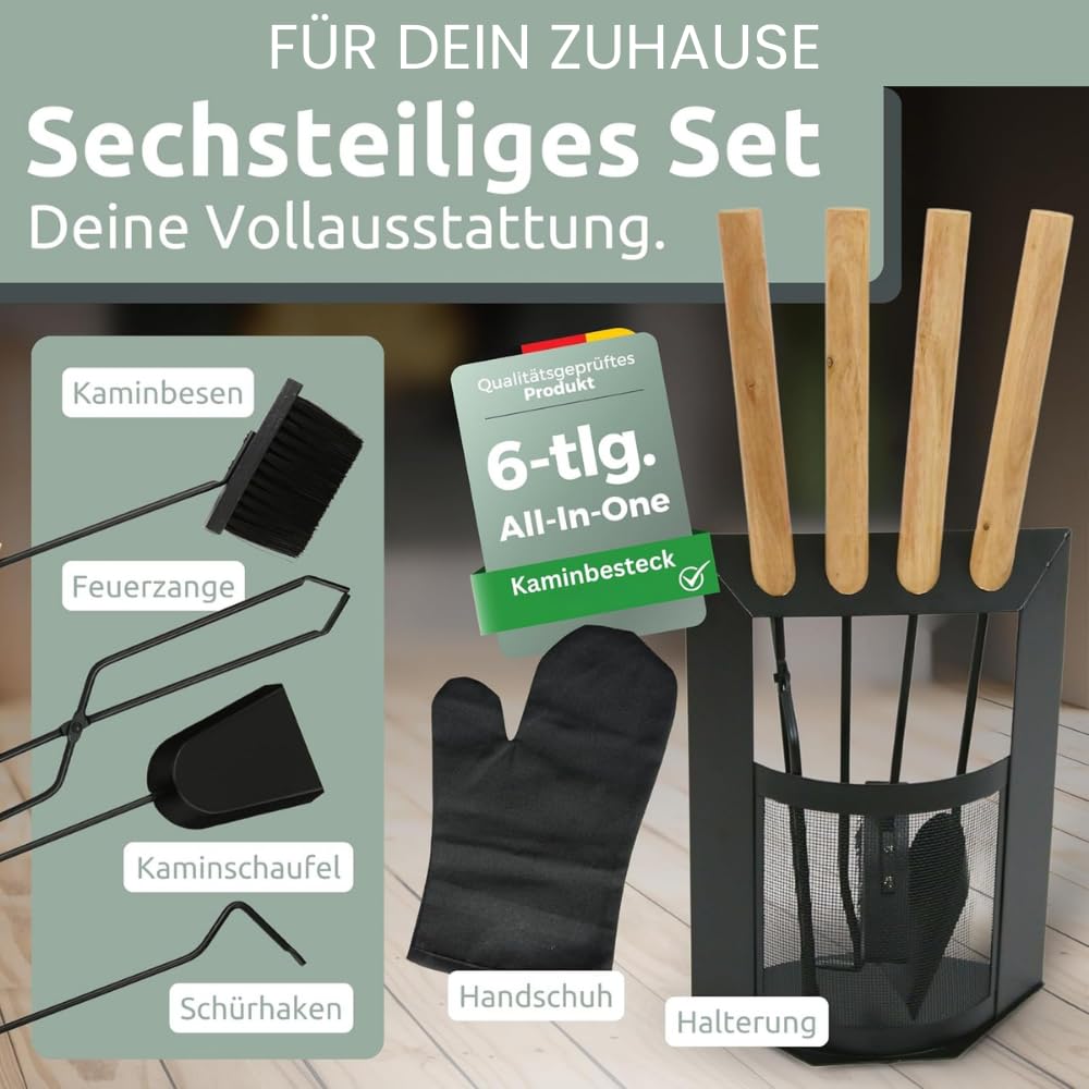 Kaminbesteck modern THEO | 6-teilig mit Holzgriff | Schürhaken Besen Ascheschaufel | Kamingarnitur Schwarz Ofenbesteck Kaminzubehör
