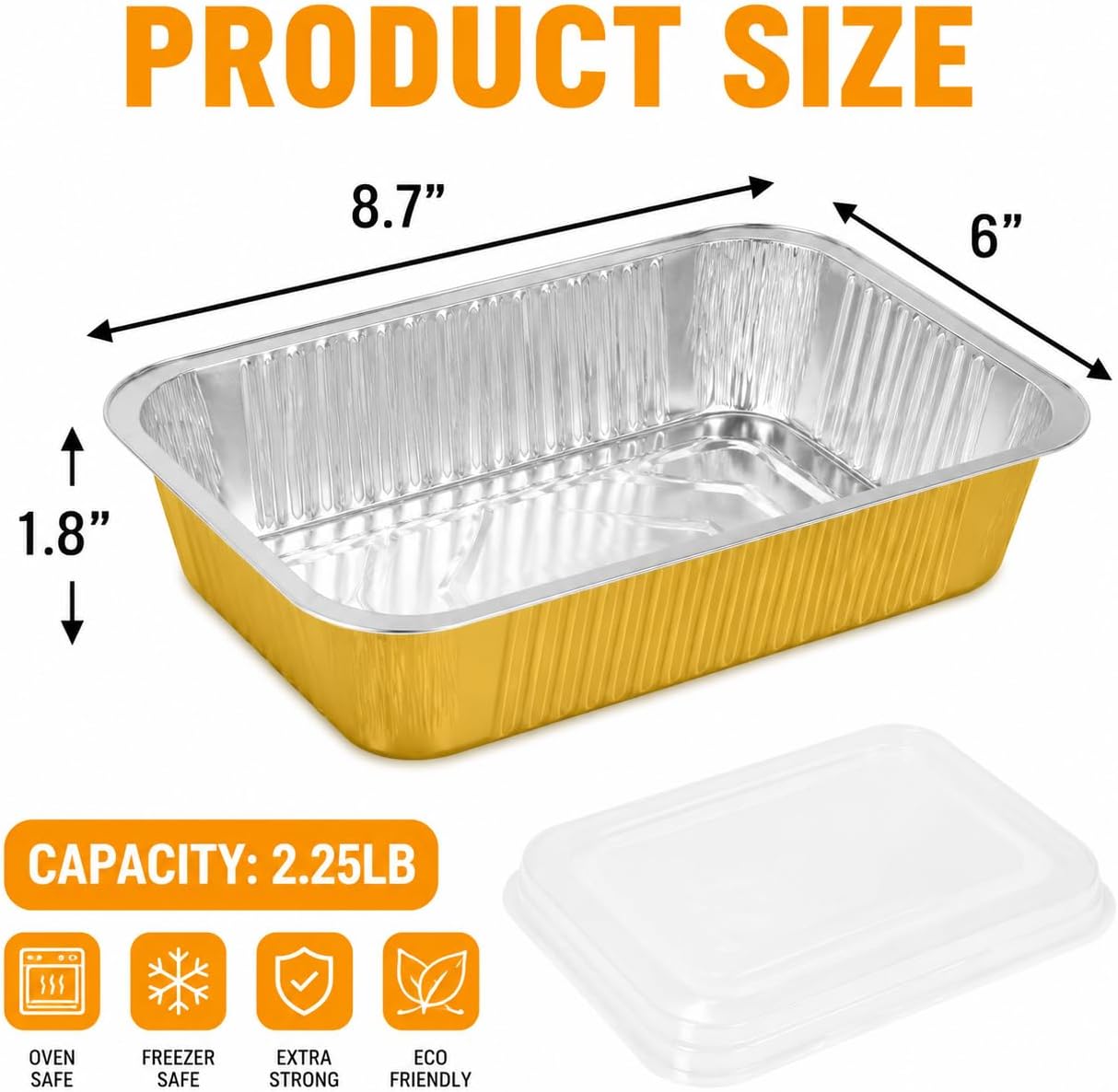 40 Pack 2.25lb Gold Aluminum Foil Pans with Lids, 8.7"x6" Food Containers image 2
