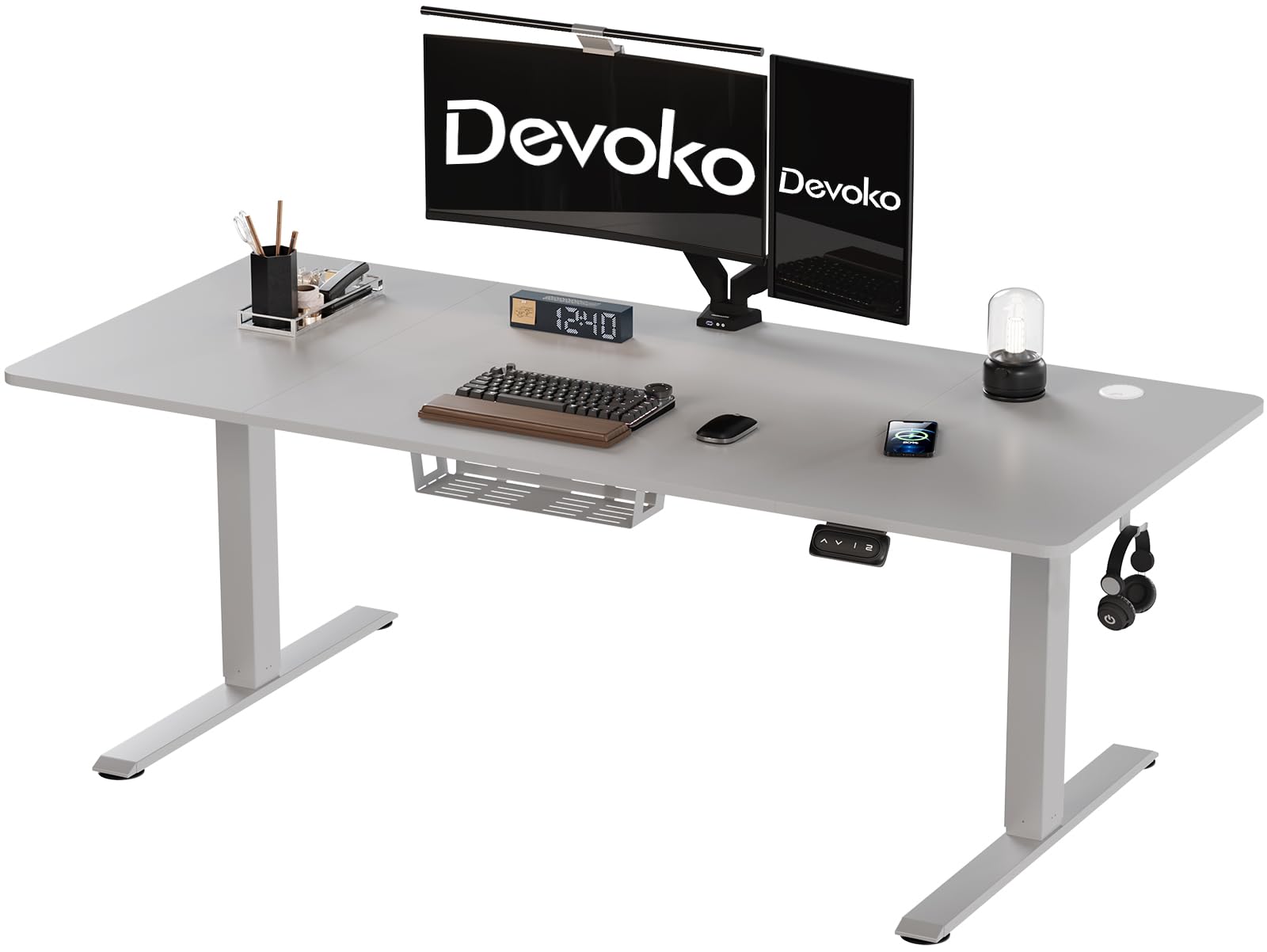 Devoko Electric Standing Desk 160x70cm, Height Adjustable Desk Ergonomic Stand up Table with 2 Memory Preset and Cable Management Tray, Grey