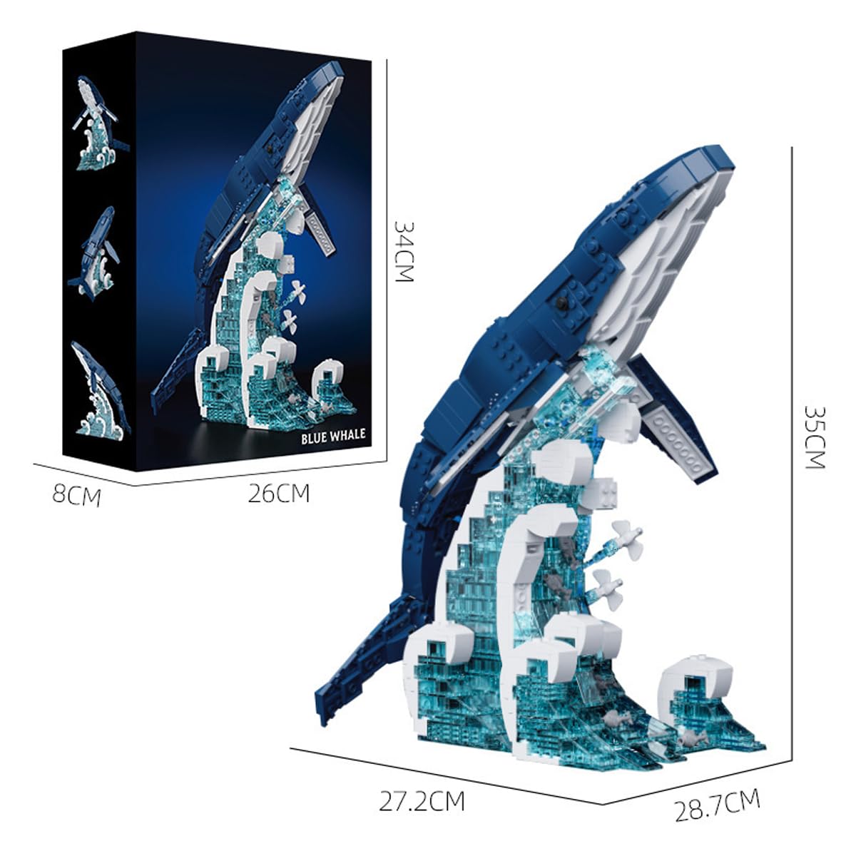 Blauer Wal Bausteine Bausatz, Bewegliches Buckelwal-Modell Wellen-Sockel, Ozean Tier Bauspielzeug für die Heimdekoration, Wandkunst DIY Set Geschenk für Erwachsene(1163 Teile)