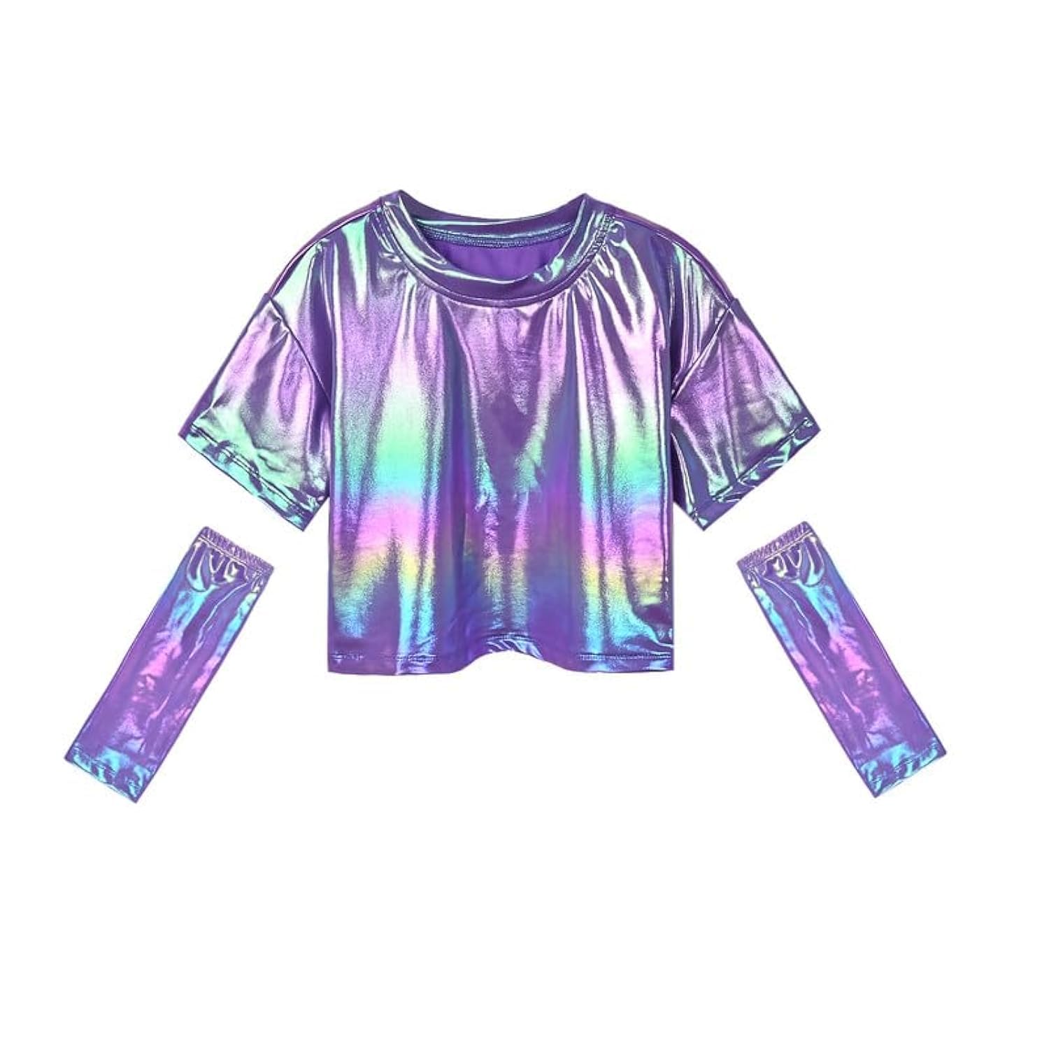 Perfashion Girls Metallic Shirts with Arm Sleeves, Shiny Crop Top for Dancing, Raves, Festivals, Costumes 4-15 Years