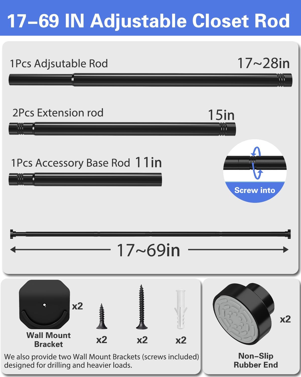 2 Pack No Drilling Closet Rods for Hanging Clothes, Non Slip Tension Rod with Heavy Duty Clothes Hanging Rod, 17-69 Inches Adjustable Spring Closet Rod for Closet Wardrobe Bathroom RV, Black