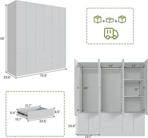 Miniatura 2 de Armario de madera grande de 78 H con 6 puertas, armario con cajones, barra para colgar y estantes, organizador de armario independiente para