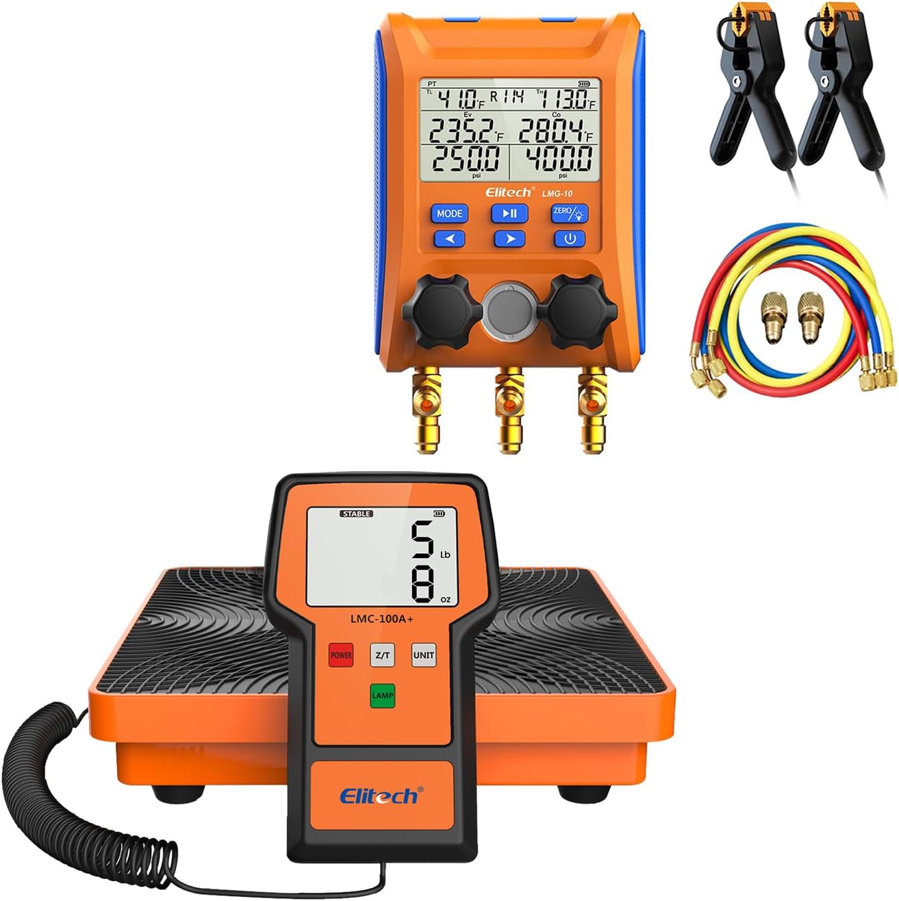 Elitech HVAC Essential Combo: LMG-10plus Digital Manifold Gauge with Hoses & LMC-100F 110Lbs High-Precision Refrigerant Scale