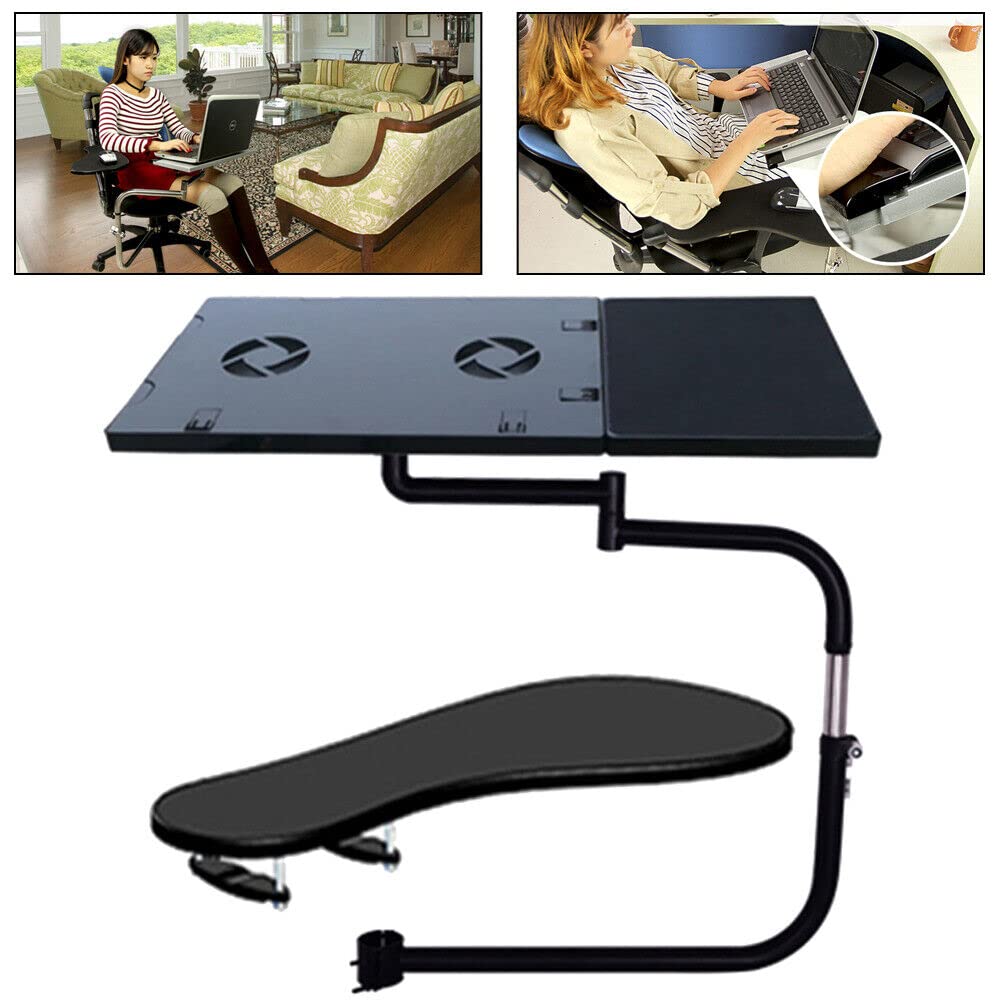 Generic Soporte para teclado de silla con movimiento completo, soporte para teclado de 360 °, soporte para teclado con alfombrilla de ratón, ventilador USB, dispositivo de soporte de muñeca para