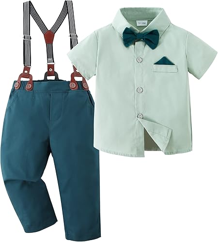 DISAUR Conjunto de ropa para niño pequeño, trajes de caballero con camisa y pantalones de tirantes con corbatín, conjuntos elegantes para boda, 1-6