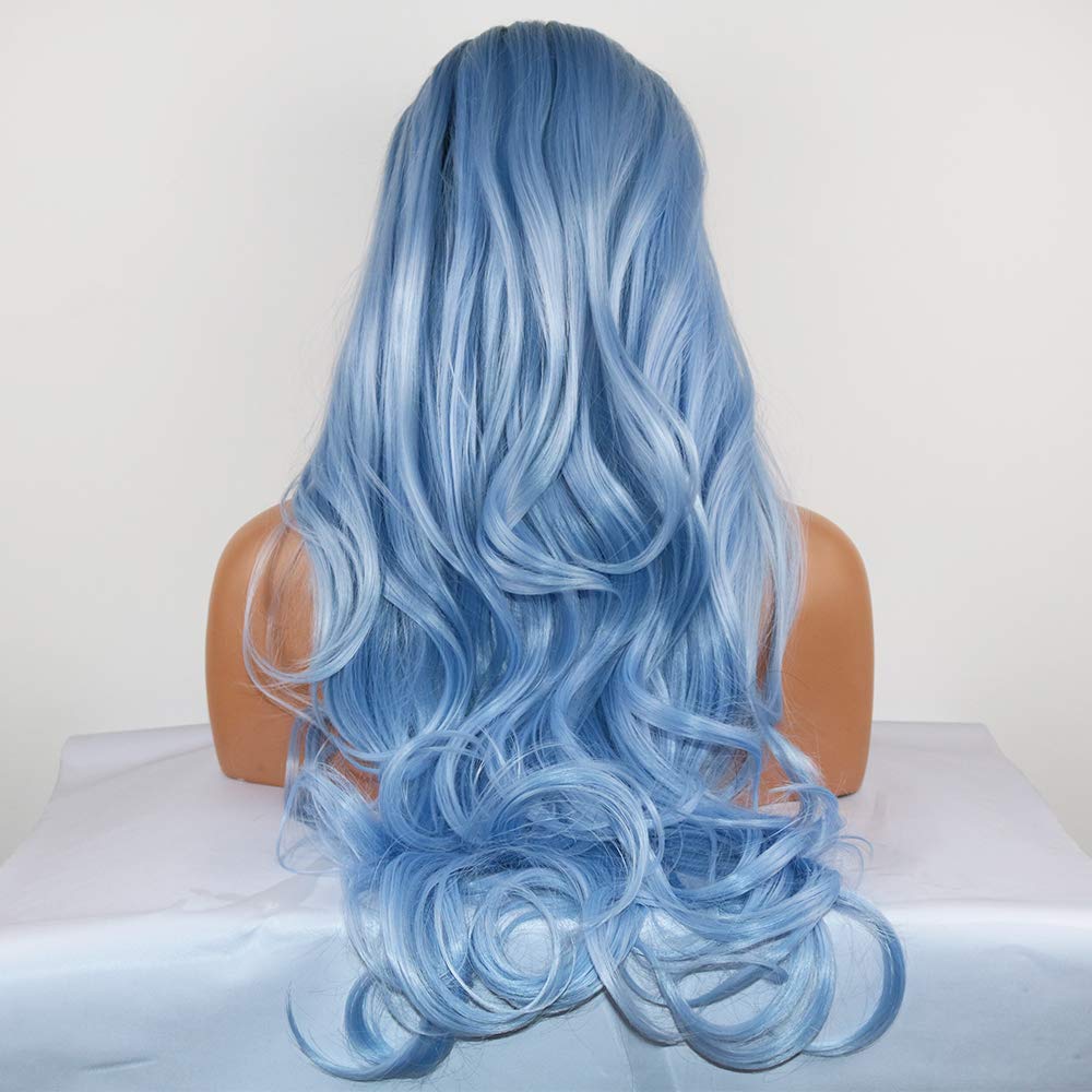 Dark Root Ombre Pastel Blue Heat Resistant Fiber Hair Long Nature Wave Light Blue Synthetic Lace Front Wigs
