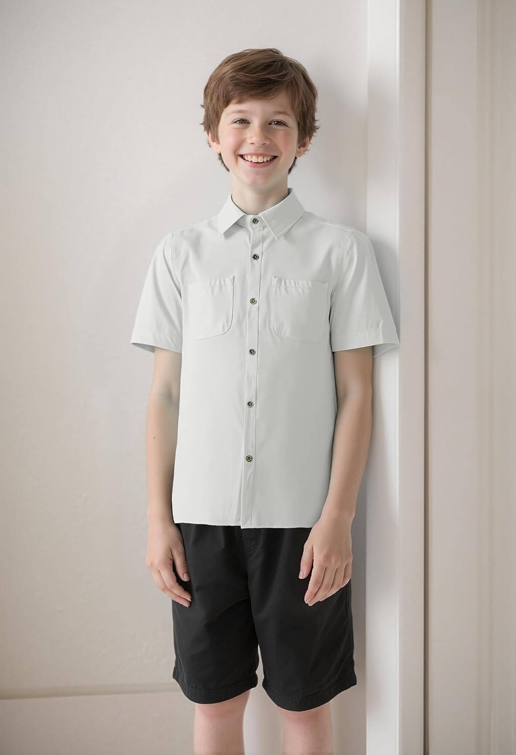YUYAPA Boys Button Down Shirt Casual Short Sleeve Woven Shirts with Two Pockets for Kids 6-14 Years