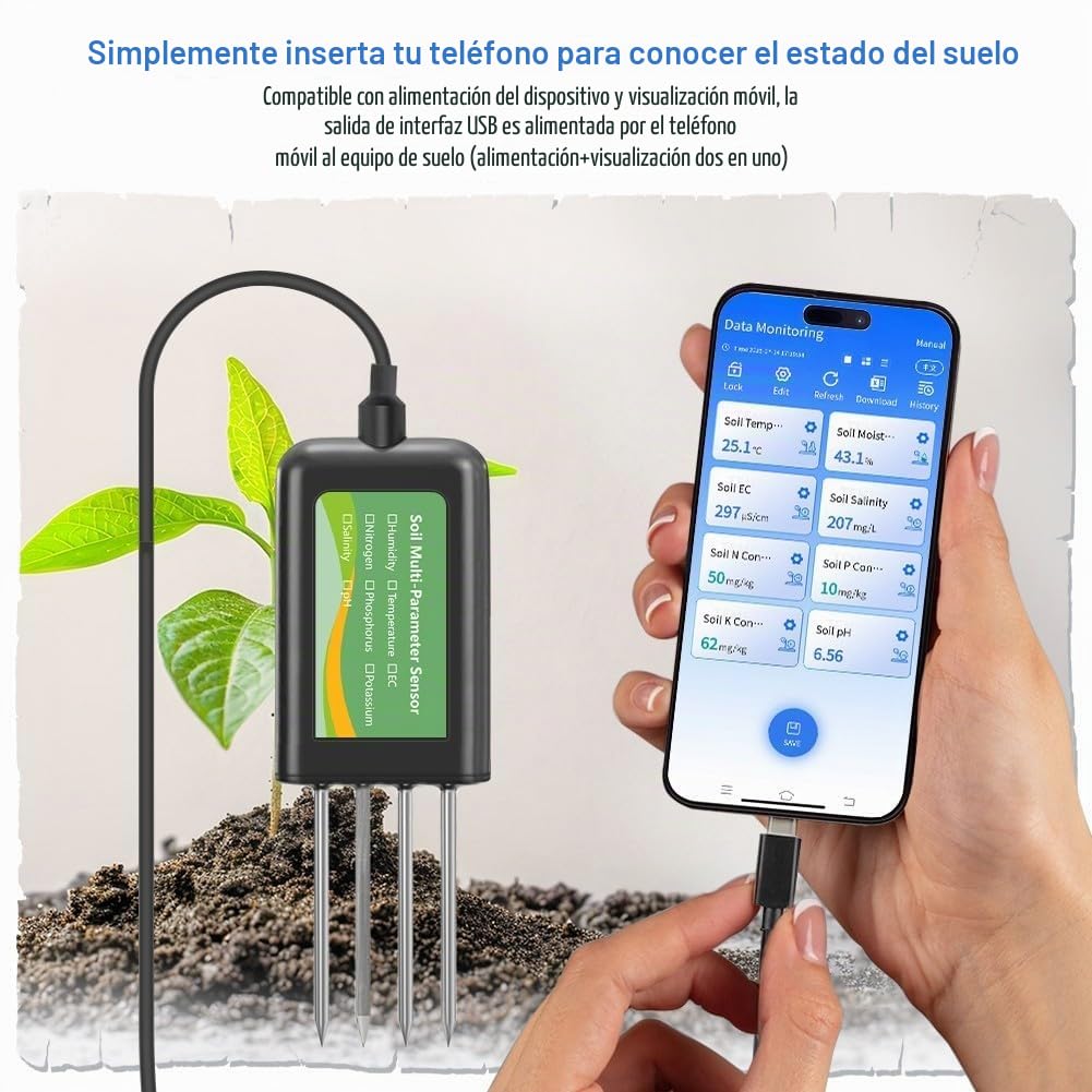 Sensor de suelo USB 8 en 1, pequeño medidor digital de nutrientes NPK de temperatura de humedad del suelo con sonda impermeable para Android para agricultura