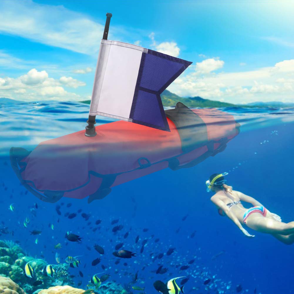 Bouée de marquage de surface de plongée haute visibilité avec drapeau de plongée, pour la plongée sous-marine, la pêche à la lance, cinq anneaux en D, trois crochets et boucles, verrouillage
