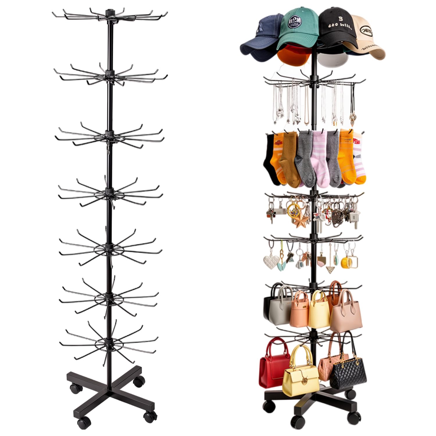 Expositor giratorio de 7 niveles, soporte de metal multifuncional con ganchos, soporte de gancho ajustable para colgar en sombreros, calcetines, cuerdas para el pelo, joyas, bolsos