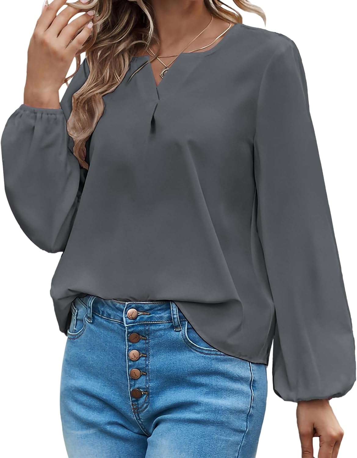 Women Floral Tunic V Neck Relaxed Puff Sleeve Soft Comfy Breathable Spring Daily Casual Basic Tshirts