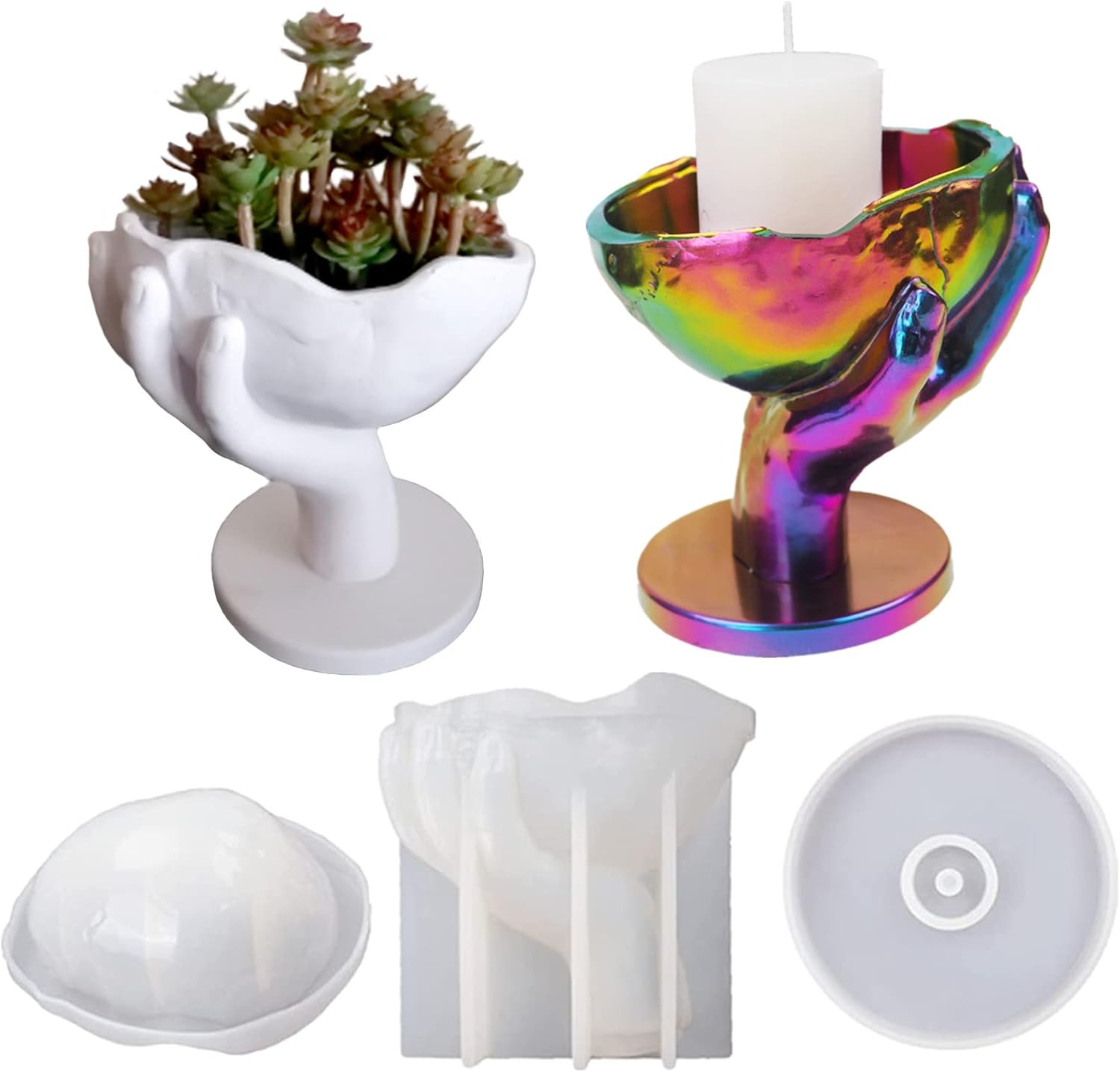 3PCS Hand-held Skull Flower Pot Cement Silicone Mold with Base Candle Holder Storage Box Epoxy Resin Mold Concrete Clay Succulent Planter Mold