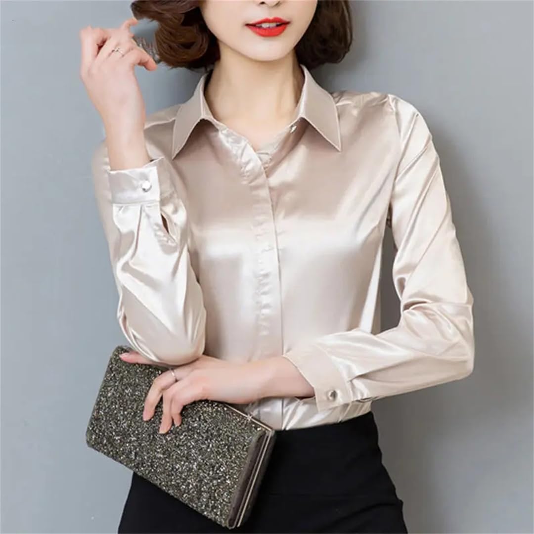Blusa de satén para mujer, con botones, manga larga, solapa, oficina, trabajo, elegante, de seda