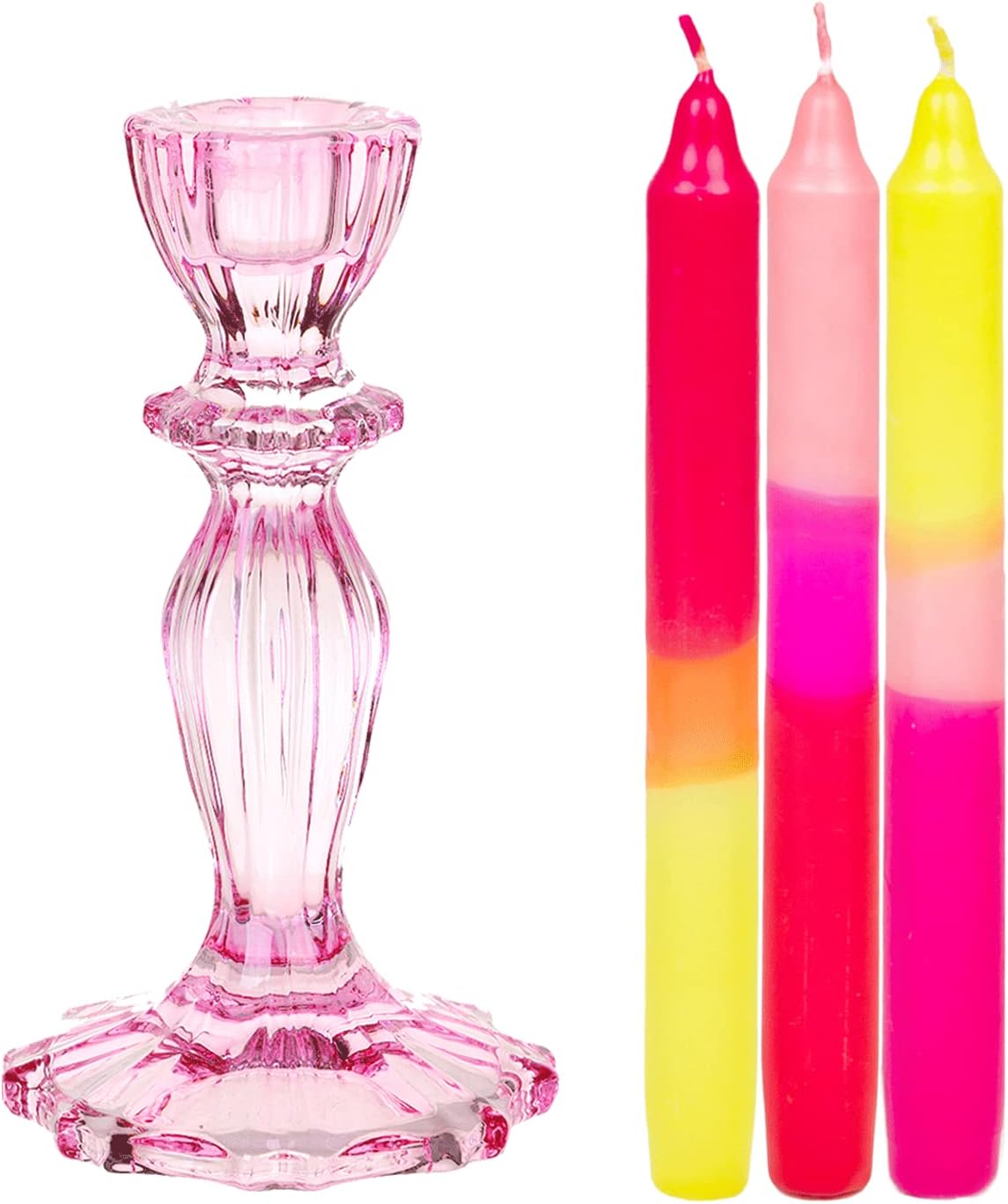 1 x Pink Coloured Glass Candlestick Candle Holder & 3 x Ombre Tapered