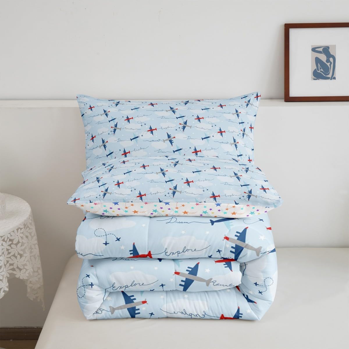Feelyou Cartoon Flight Bedding Set Queen Size Kids Airplane Comforter Set for Aircraft Print Comforter Travel Decor Blue Red Duvet Set Bedroom Boys