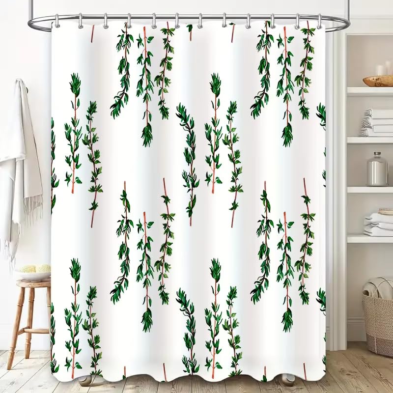 Rideau de douche haut de gamme en tissu imperméable blanc motif Green Branch 213x175