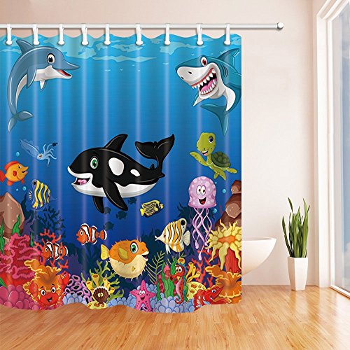 61puFDDLv6L Kids Love Sea Animals Shower Curtains, Cartoon Whale Sea Life...