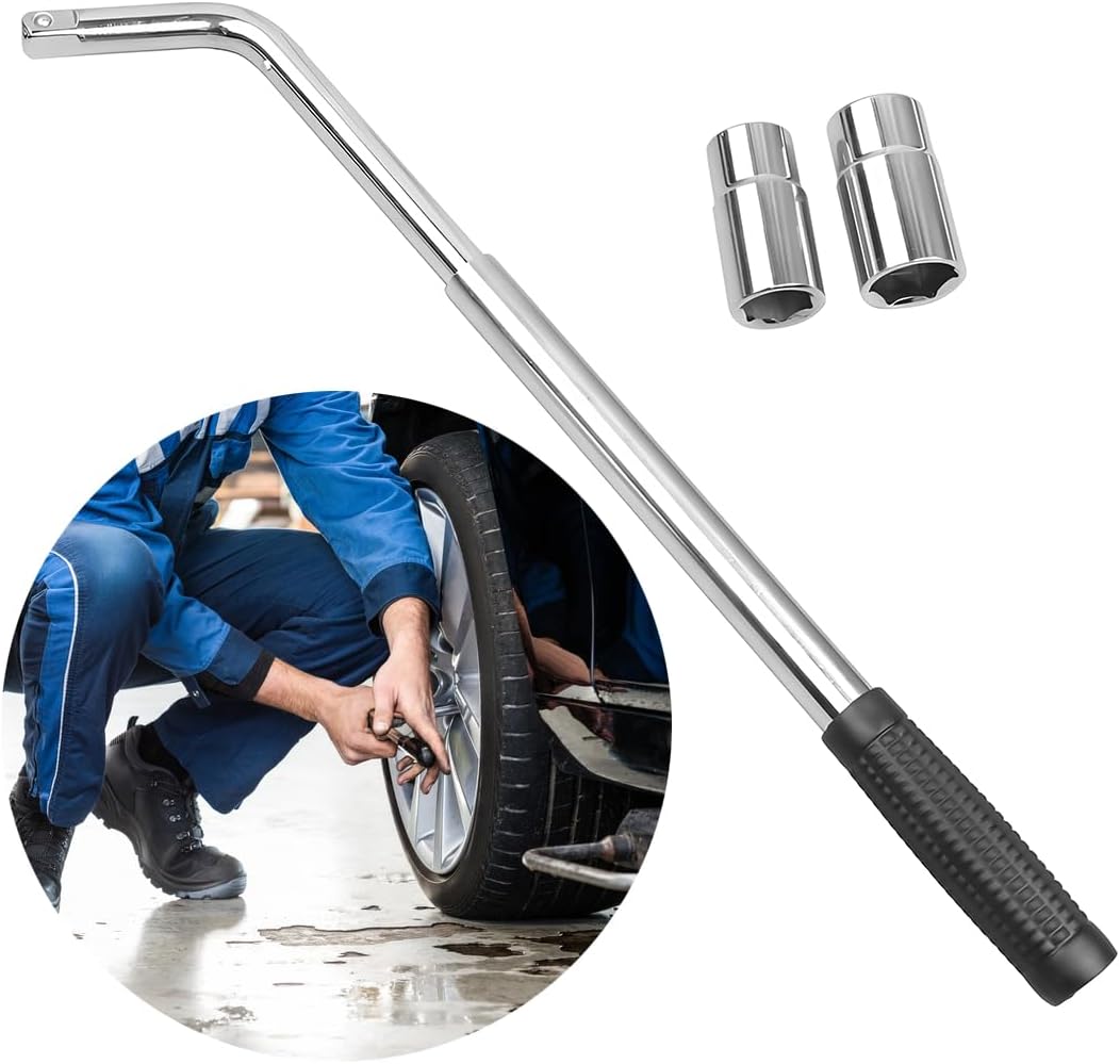 Car Telescoping Lug Wrench, Extendable 4 Way Vehicle Wheel Brace Removal Tool with 17/19mm and 21/23mm Sockets, Automotive Tire Nut Repair Wrench Accessories, Universal Fit
