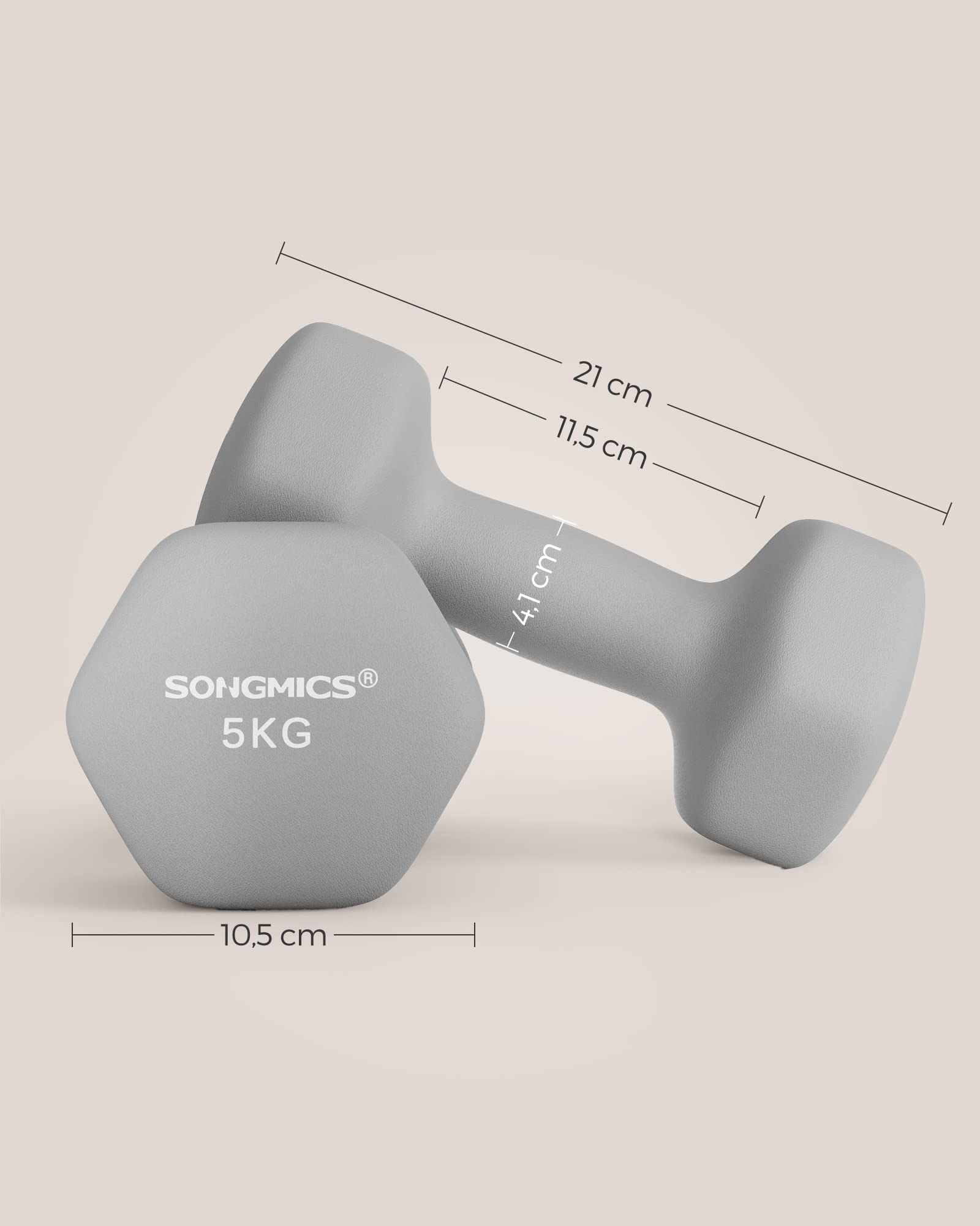 SONGMICS Set di 2 manubri, 2 x 5 kg, manubri corti, esagonali, rivestimento in neoprene, allenamento di forza, allenamento, fitness, casa, grigio tortora SYL910G01