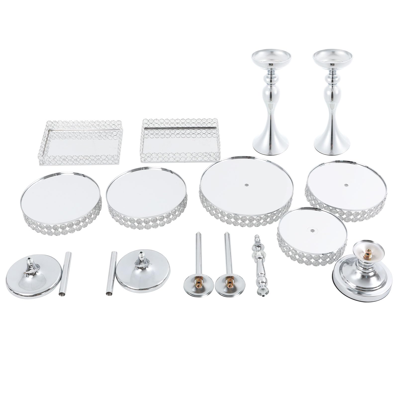 Juego de 7 soportes para tartas, mesa de postre, platos de presentación (plata) | 2 soportes rectangulares y 5 soportes para tartas, torre de servir para aniversarios, bodas, fiestas de cumpleaños, fiestas