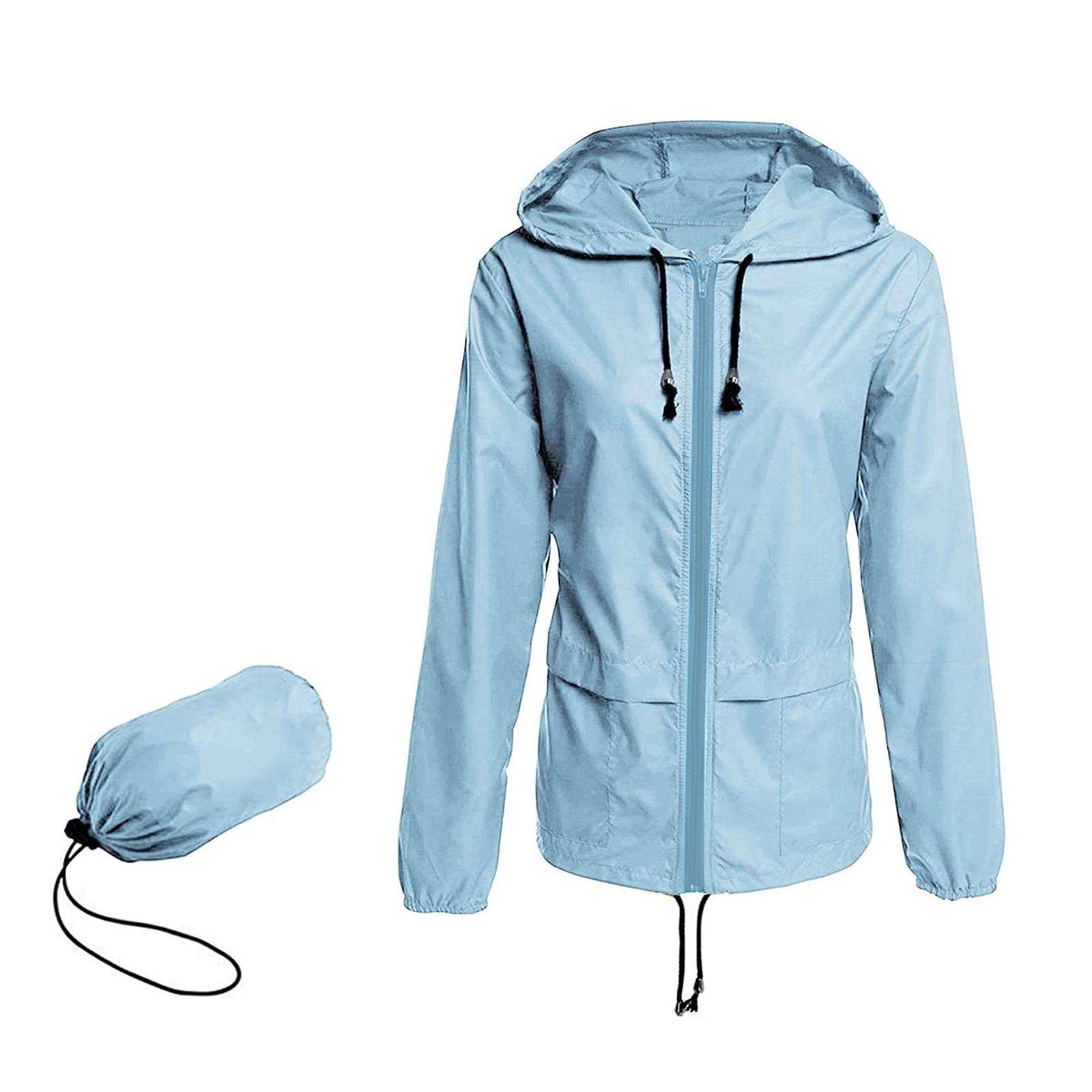 Veste à capuche coupe-vent imperméable légère respirante et pliable avec fermeture éclair intégrale pour femme, bleu, S