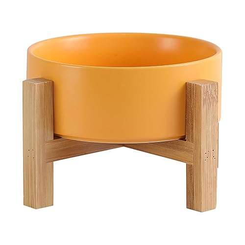 Elevated Ceramic Cat Bowl - Cat Food Bowl with Bamboo Stand - Raised Dog Dish for Puppies - Anti Vomiting, Stress Free - 13.5 oz / 400 ml - Yellow - Small - Yellow