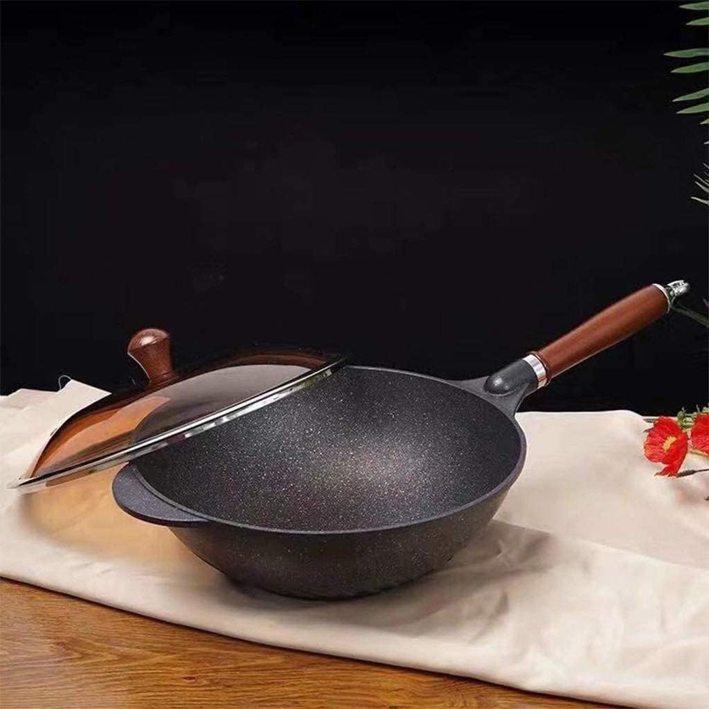 Wok - 12,5“ Woks and Stir Fry Pans, Nonstick Wok with Lid, Flat Bottom, Cast Aluminum Stir Fry Pan, Cooking Utensils, Frying Pan for All Stoves (Black)