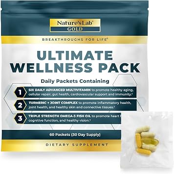 عبوات فيتامين Natures Lab اليومية للرجال والنساء - فيتامينات متعددة + زيت سمك أوميغا 3 ثلاثي القوة + حزمة Gold Ultimate Wellness لدعم المفاصل بالكركم - 60 عبوة