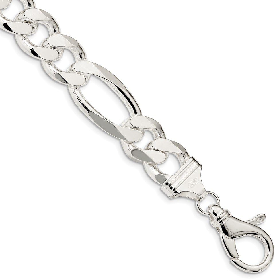 Solid 925 Sterling Silver 15mm Figaro Link Bracelet - with Secure Lobster Lock Clasp