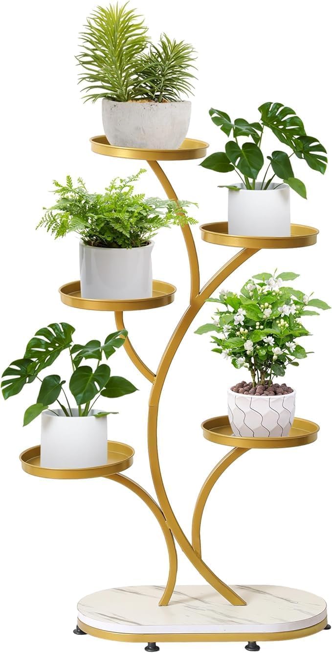 GLOBAL QUALITY IMPEX, 5 Tier Golden Metal Tall Shelf Multiple with MDF -Base Plant Srand for Indoor & Outdoor, Corner, Living Room And Balcony.