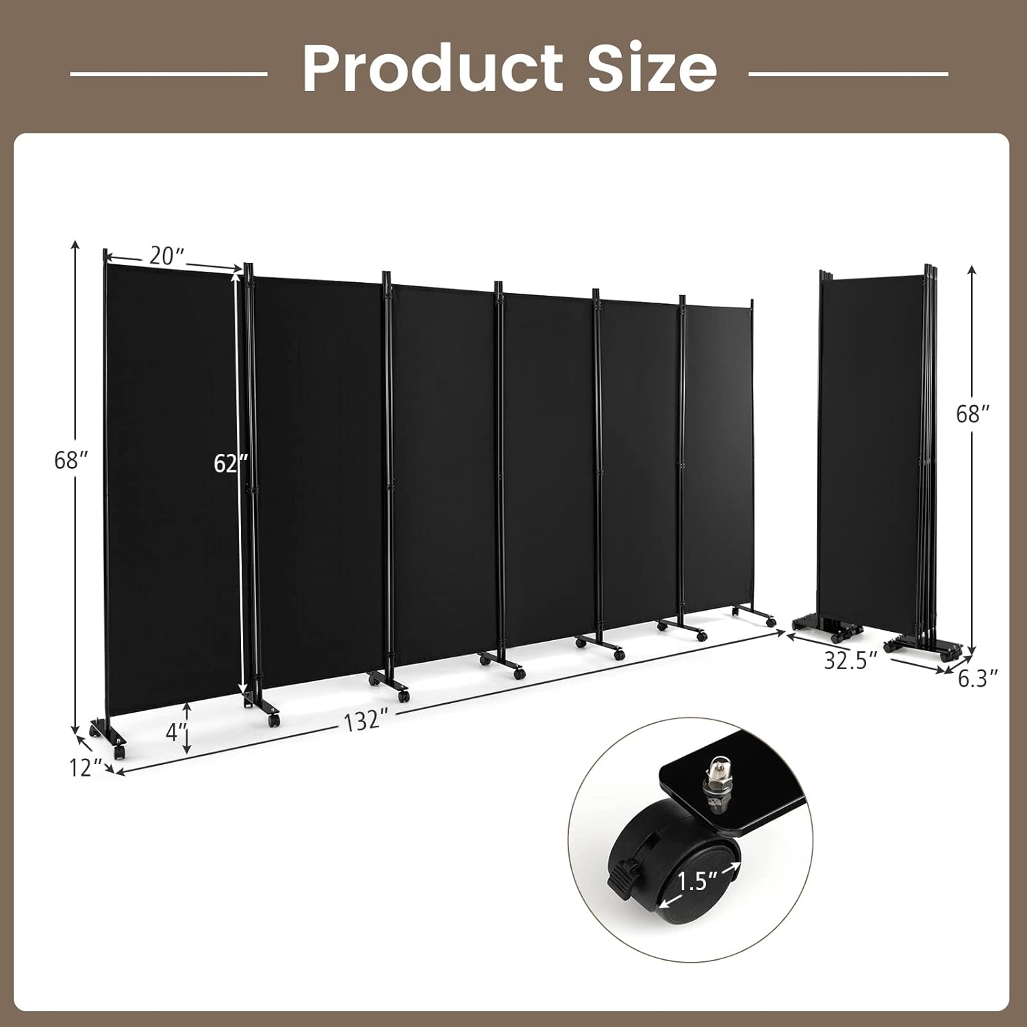 Giantex 6 Panel Room Divider, 132''W x 68''H Large Folding Privacy Screen, Rolling Partition Room Dividers for Home Office Studio Separation, Freestanding Fabric Wall Divider Screen on Wheels, Black
