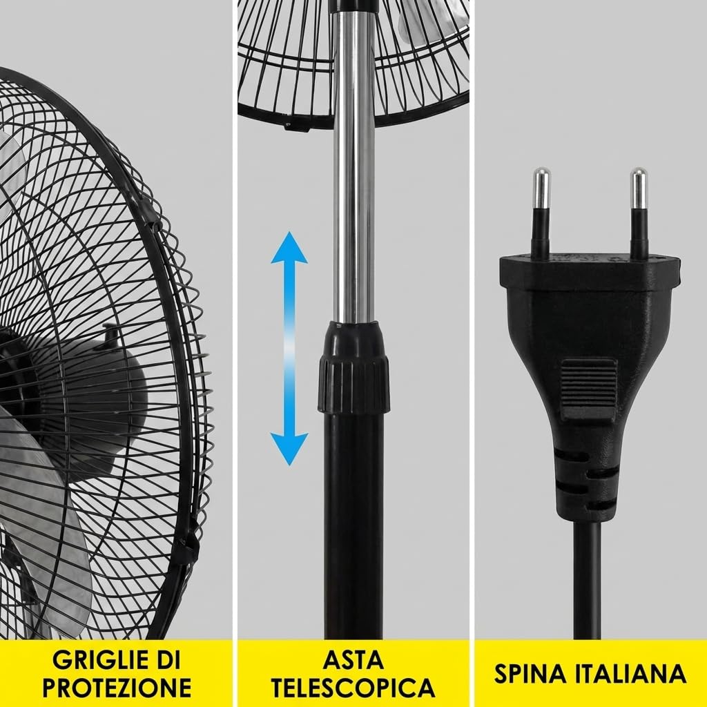 MAKA Ventilatore a Piantana Potente, Ventilatore Metallo 5 Pale, 75W, Basso Consumo, Oscillazione Orizzontale, Ventilatore da Terra Industriale Diametro 50cm, Regolabile Altezza Max 130 cm 3 Velocità
