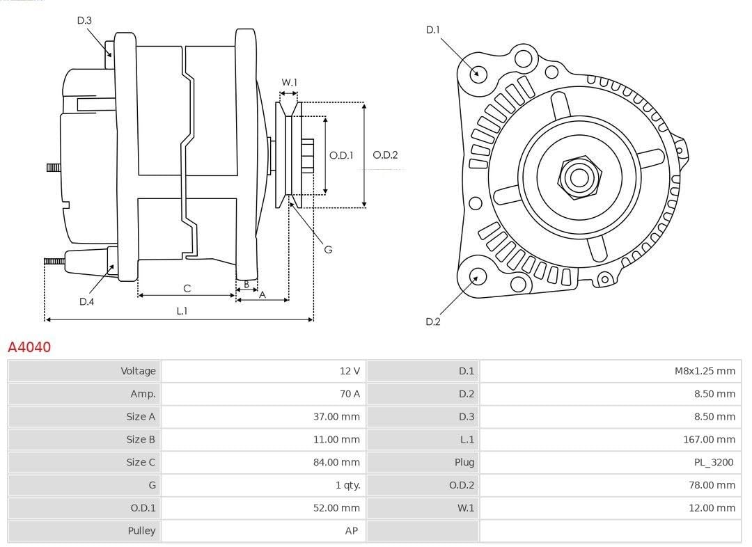 AS-PL Alternador A4040 70A generador con polea Compatible con LAND ROVER Range Rover I Discovery I LJ