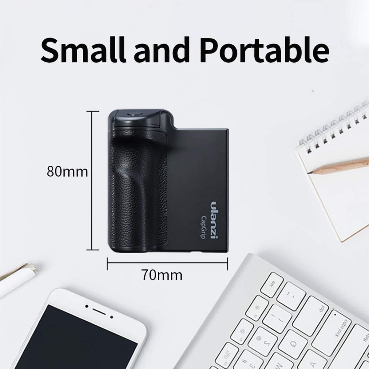 ULANZI CapGrip showing dimensions of 80mm height and 70mm width, placed next to a smartphone and notebook.