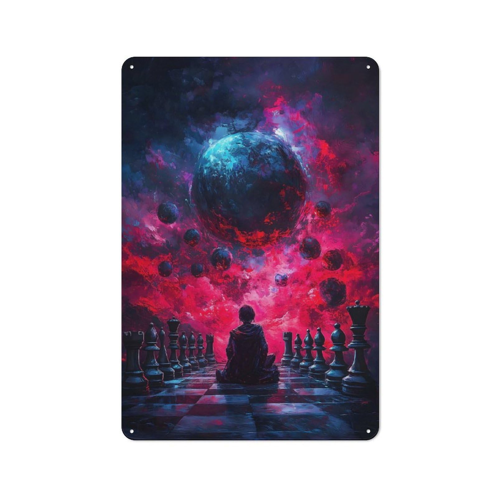 Retro Chessboard Under Cosmic Sky Decorative Metal Plaque 30x20cm, Garage Wall Decor for Garage, Workshop, Shed Or Utility Room