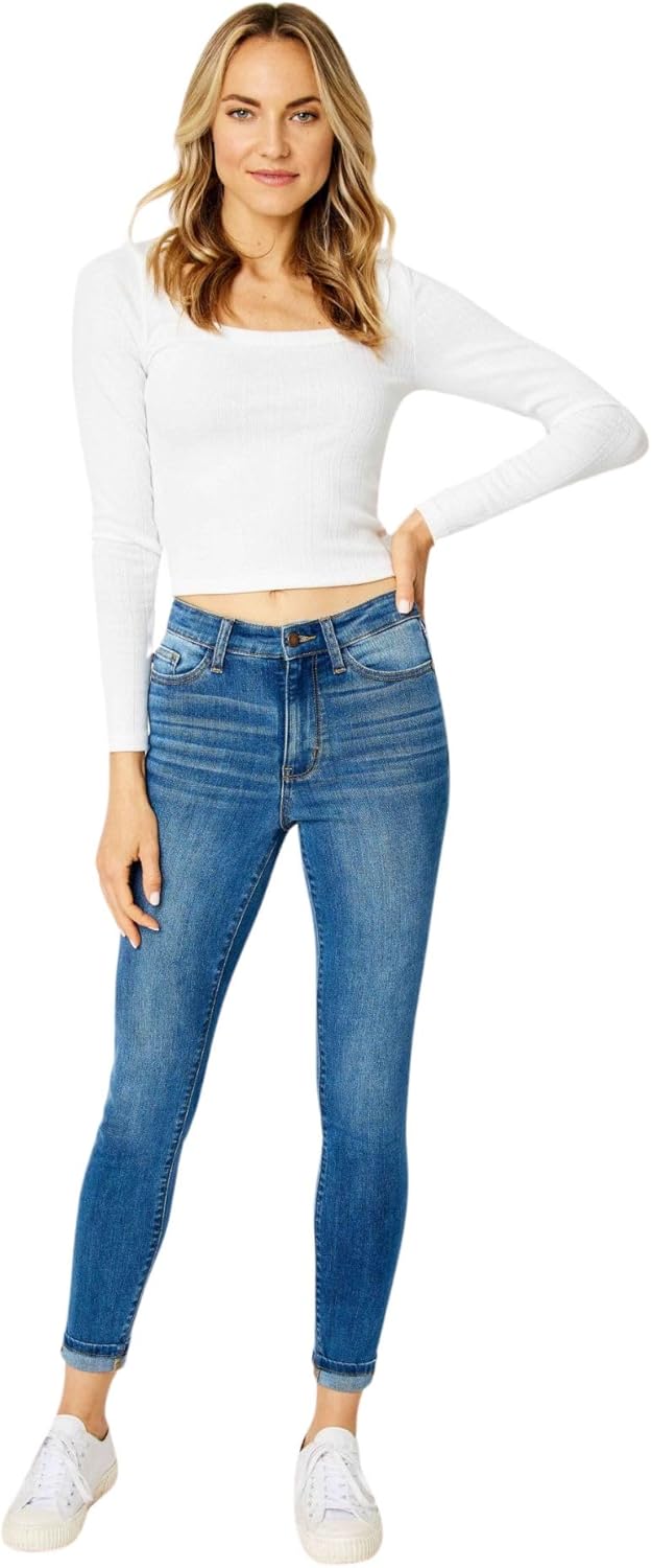 Judy Blue High Waist Cuffed Hem Skinny Jeans - Stretch Denim Comfort Fit 82449-