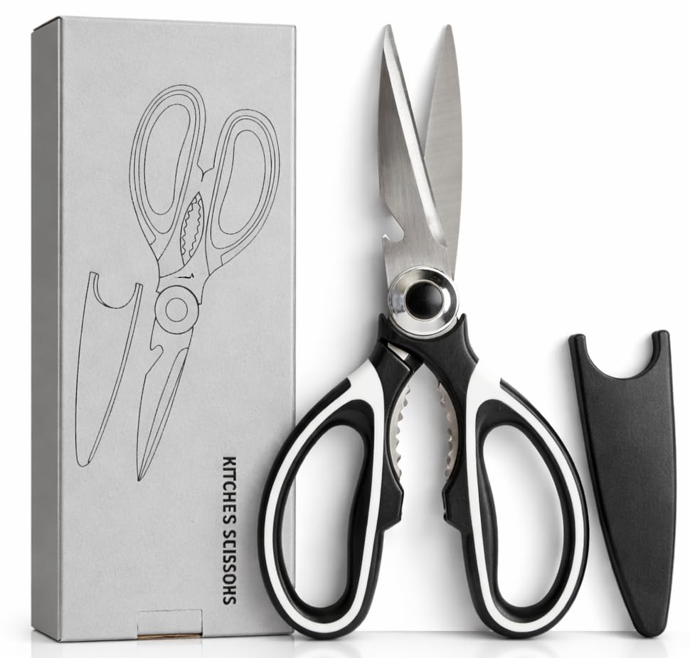 Forbici da cucina professionali in acciaio inox 304 multiuso con apribottiglie, adatte per carne, pesce e verdure, manico ergonomico antiscivolo e perno rinforzato.