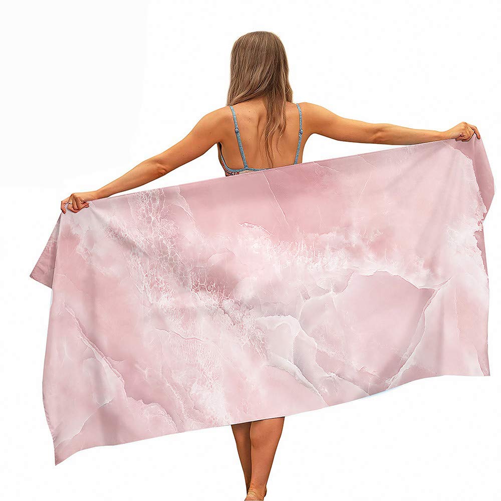 Surwin Girls Light Pink Marble Printed Large Beach Towel Microfibre Bath Towel Quick Dry Lightweight Summer Towels For Travel, Swim, Camping, Fitness, Sports, Yoga (,70X150cm)
