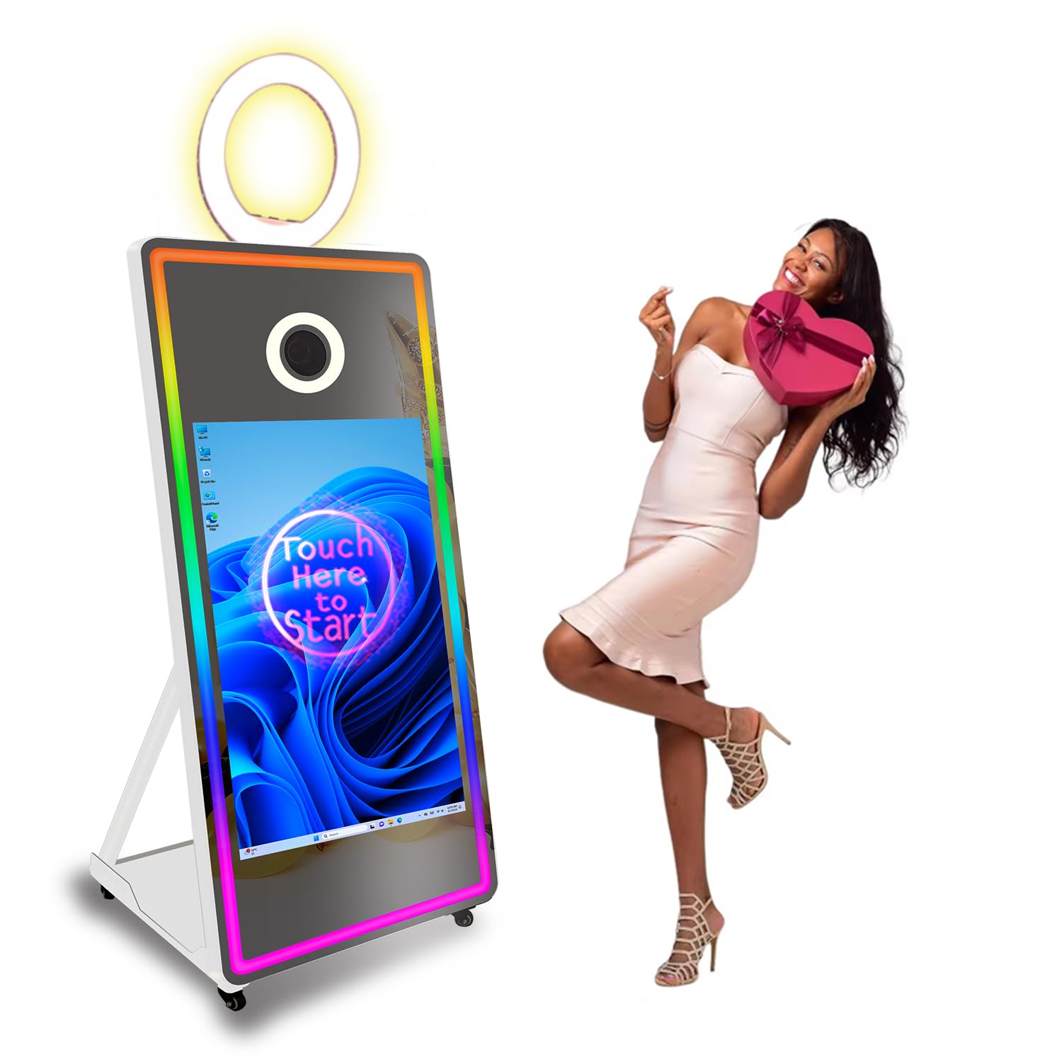 Magic Mirror Photo Booth Build-in Mini PC,43 inch Touch Screen Mirror Photo Booth with RGB LED Selfie Mirror Photo Booth for Party Wedding, 65'' Mirror Photobooth Machine Flight Case Package?White?