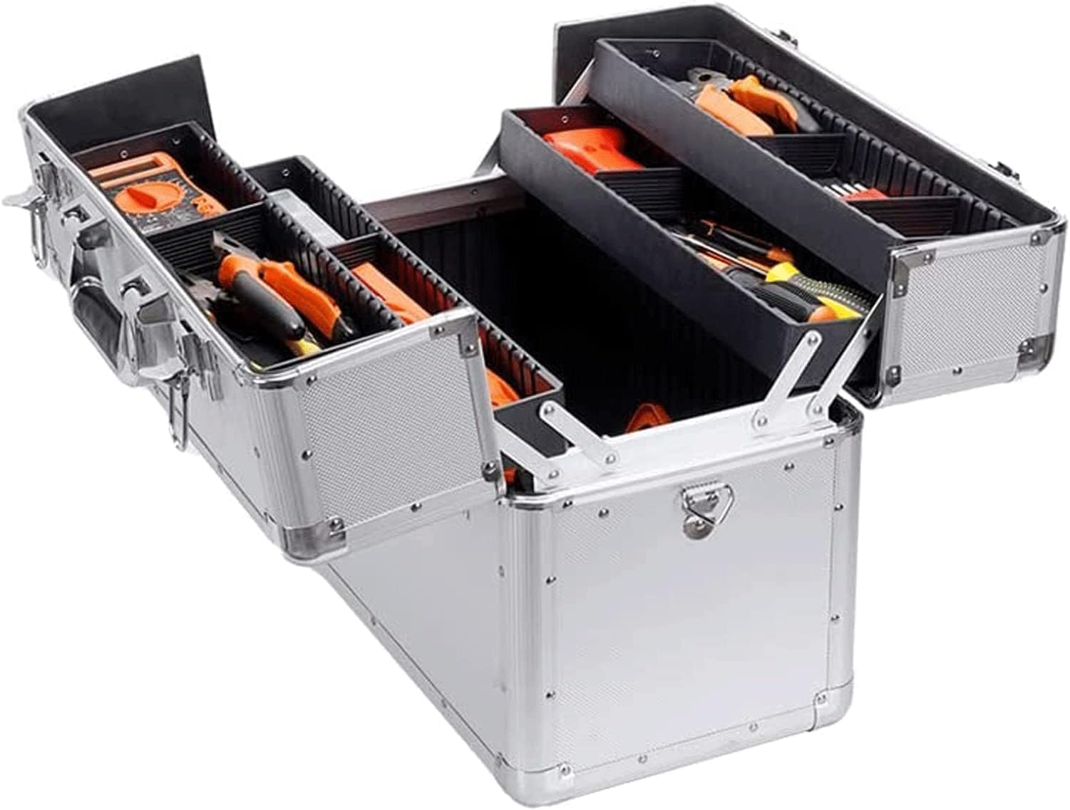 solid Tool Box Tool Boxes 3 Layer Aluminum Alloy Toolbox Folding Tool Set With 4 Lift Tray Portable Storage Case High Capacity Tool Kit lightweight (White S)