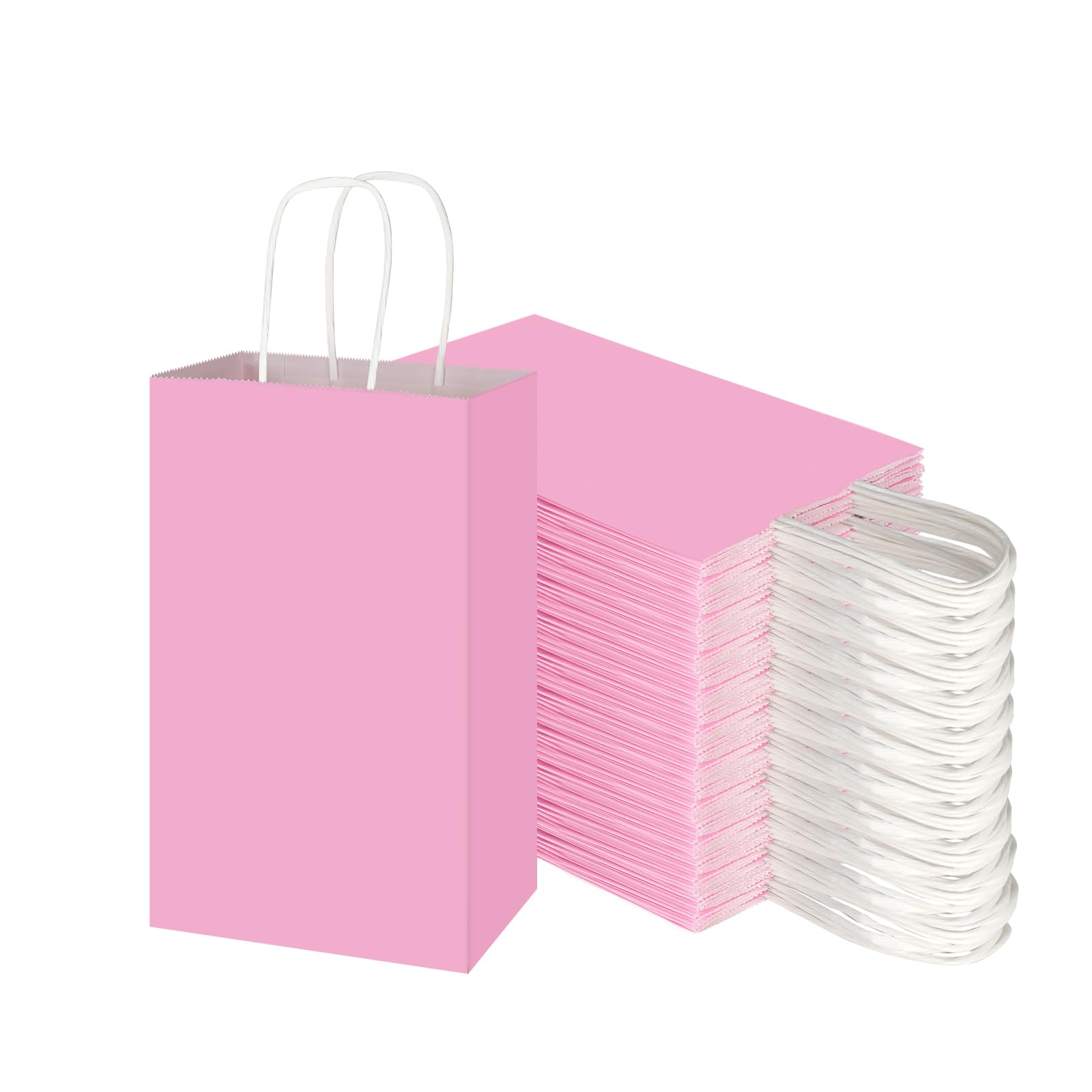Toovip 100 Pack 5.25x3.25x8.25 Inch Small Light Pink Kraft Paper Bags with Handles Bulk, Gift Wrap Bags for Favor Grocery Retail Party Birthday Shopping Business Goody Craft Merchandise Take Out Bags