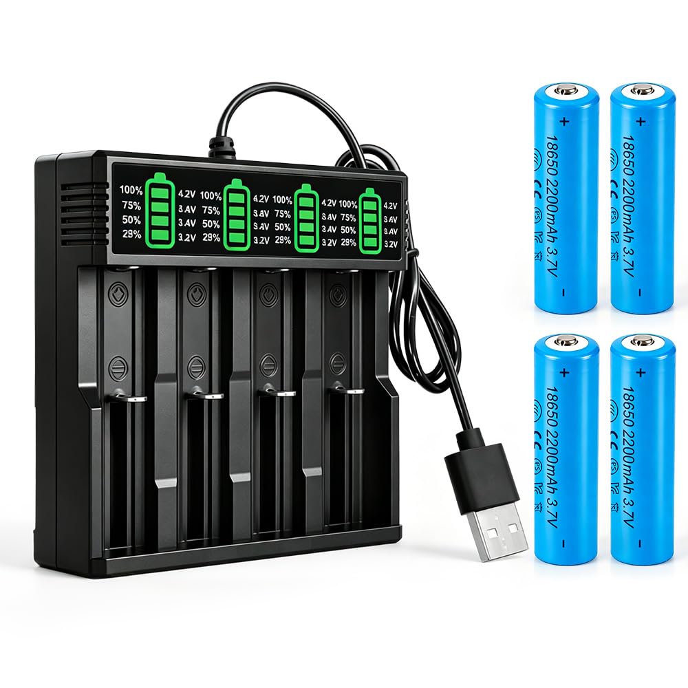 Cargador Pilas Recargables 18650, SGZIOO Cargador Pilas USB C con 4 Piezas 2200 mAh Baterías con Terminal Elevado, para 3.7V Li-Ion Recargable Batería 18650, 21700, 26650, 14500, 18500