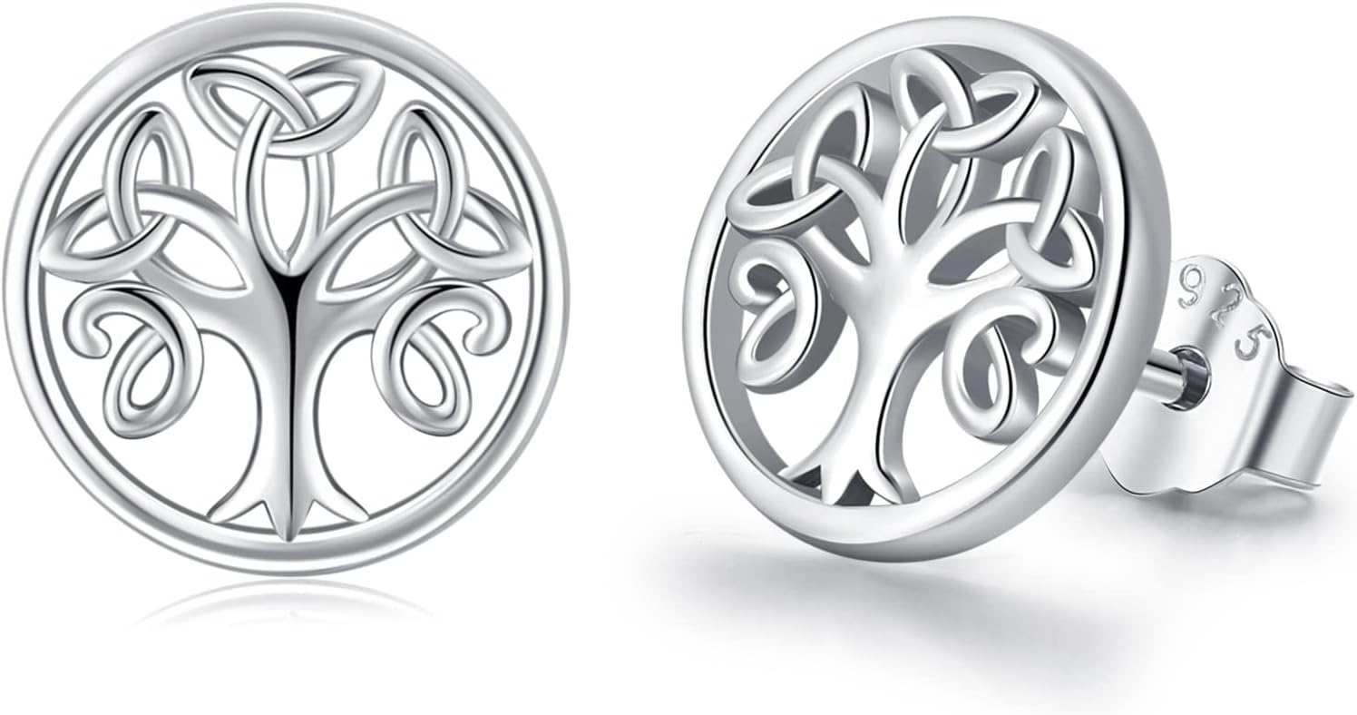 Tree of Life Stud Earrings 925 Sterling Silver Celtic Earrings Jewelry Christmas Gifts for Women Christmas Stocking Stuffers