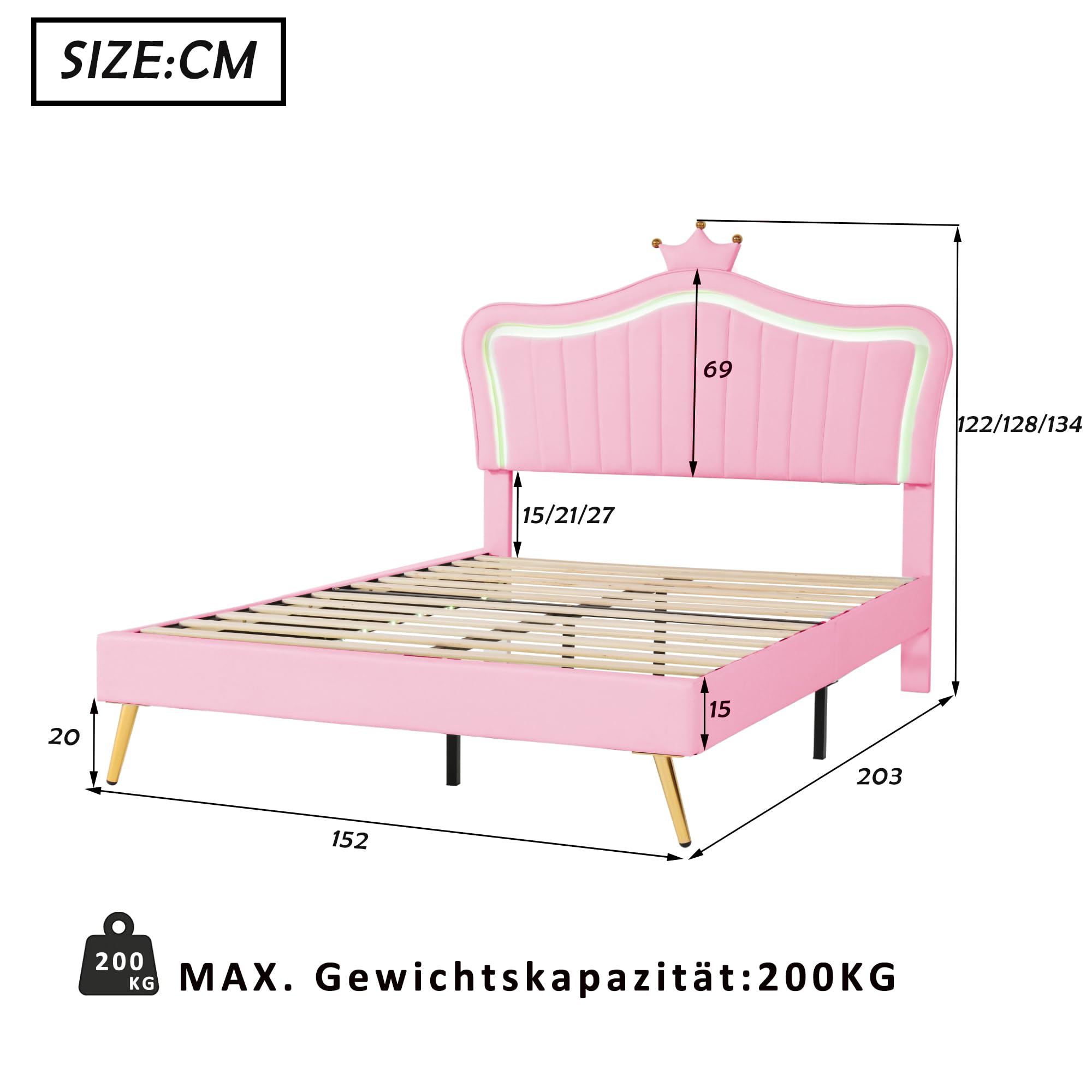 Cama infantil tapizada, marco de cama para niñas, marco de cama doble de piel sintética con luces LED, somier de láminas y respaldo (colchón no incluido) (rosa, 140 x 200 cm)