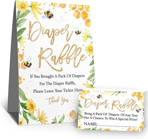 Tarjetas de juego de rifa de pañales para baby shower, abeja, hexagonal, colmena, niño, niña, baby shower, juego de tarjetas (1 letrero de pie + 50