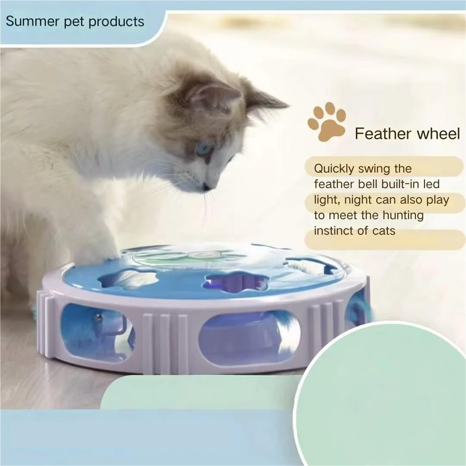 Katzen-Drehteller-Spielzeug mit Feder und LED-Licht, automatische Drehung, interaktives Katzenspielspielzeug (Rosa)