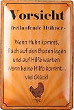 mrdeco Metall Schild 20x30cm gewölbt Vorsicht freilaufende Hühner Deko Blechschild Tin Sign