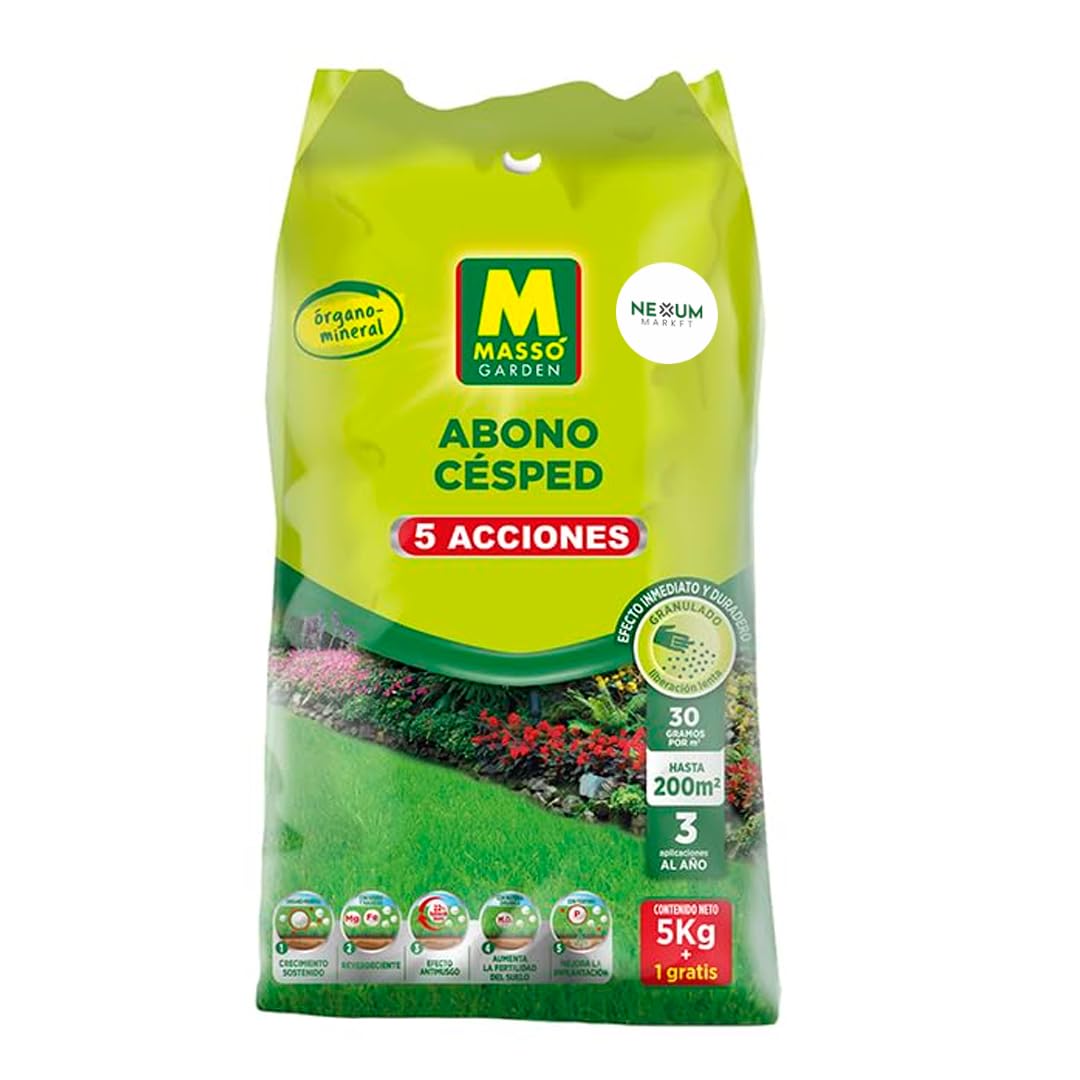 Abono Césped Granulado con 5 Acciones | Aplicación Directa a Mano de Liberación Lenta | Revitaliza y Mantiene Césped | Anti-Musgo, Reverdecedor y Fertilizante | Nexum Market (6 KG)
